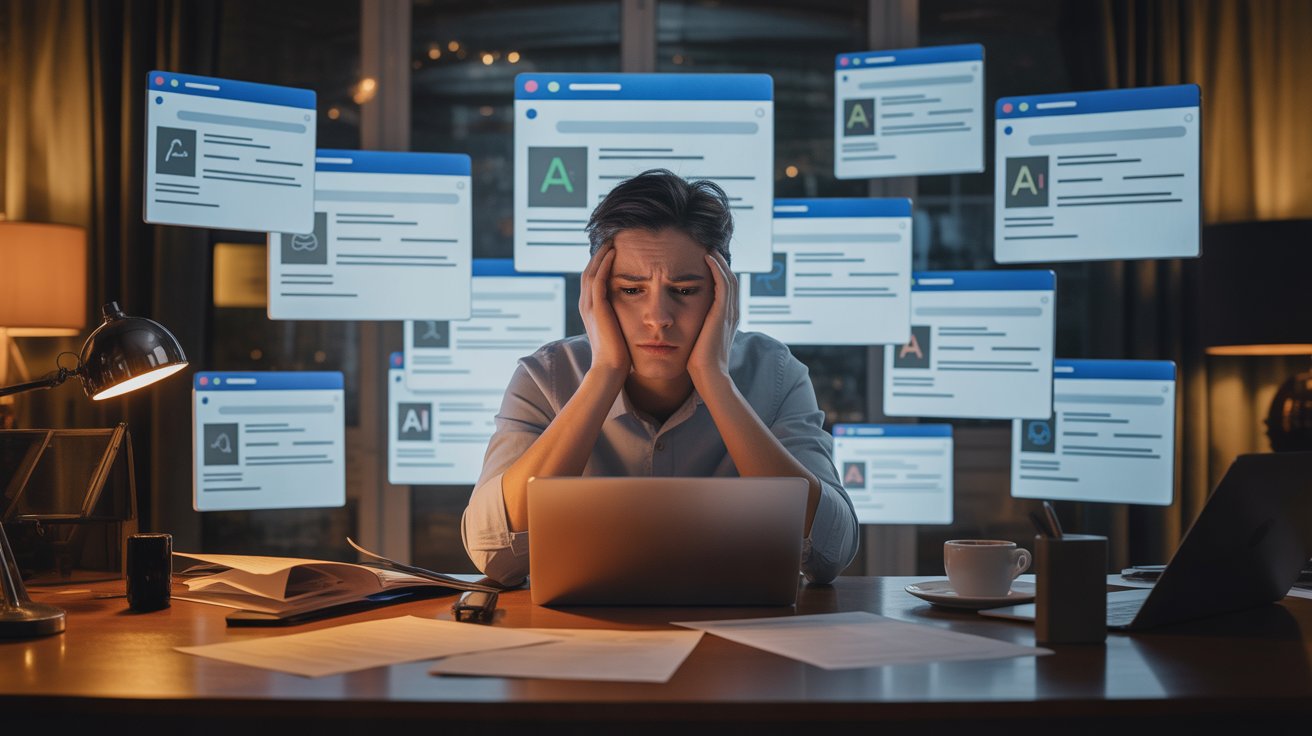 Frustrated professional struggling with multiple browser AI tools at a cluttered desk, seeking a smarter workflow.
