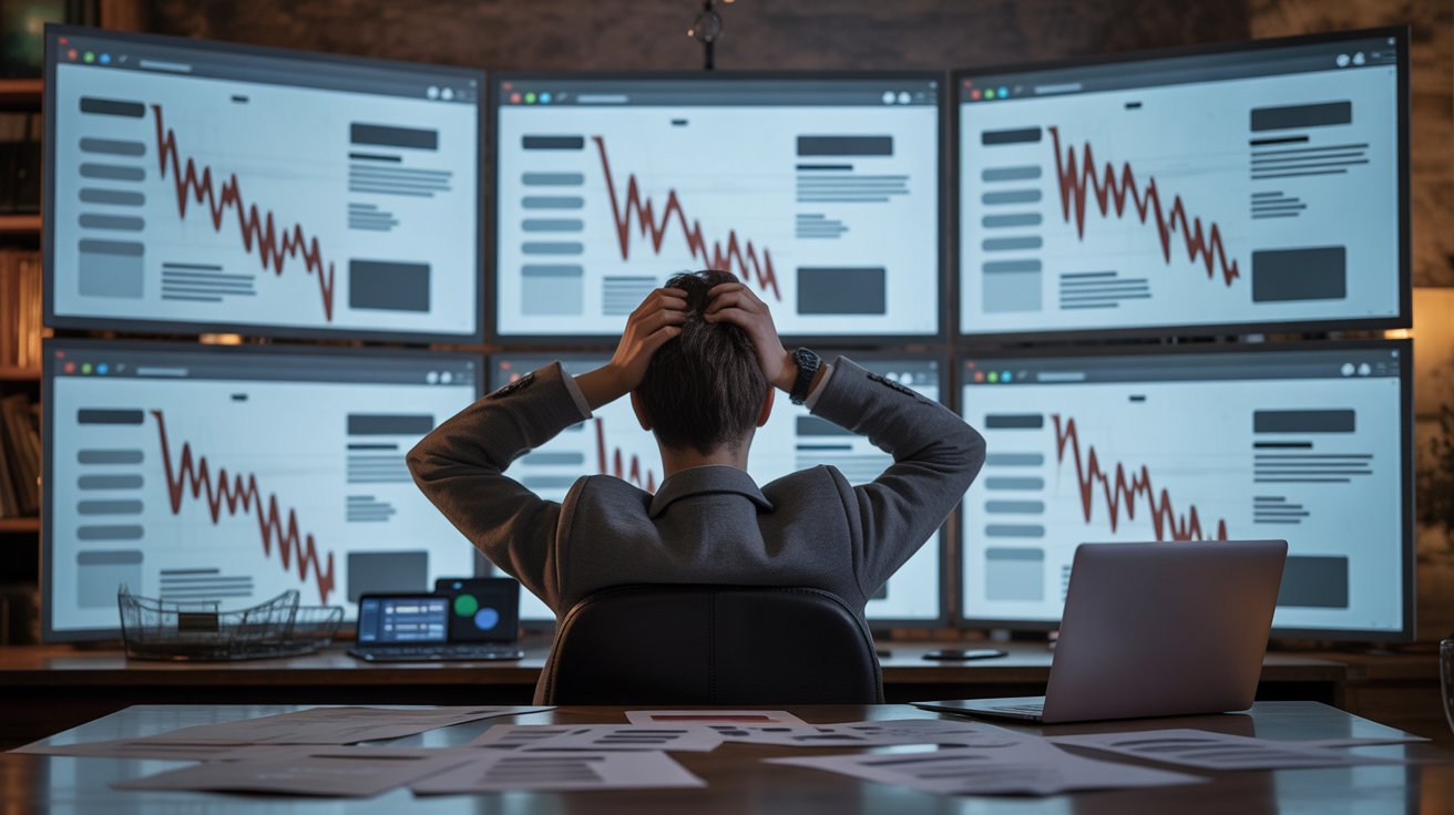 A frustrated website owner at a desk surrounded by dozens of open browser tabs and declining traffic charts, showing stress over creating more pages but getting less website traffic.