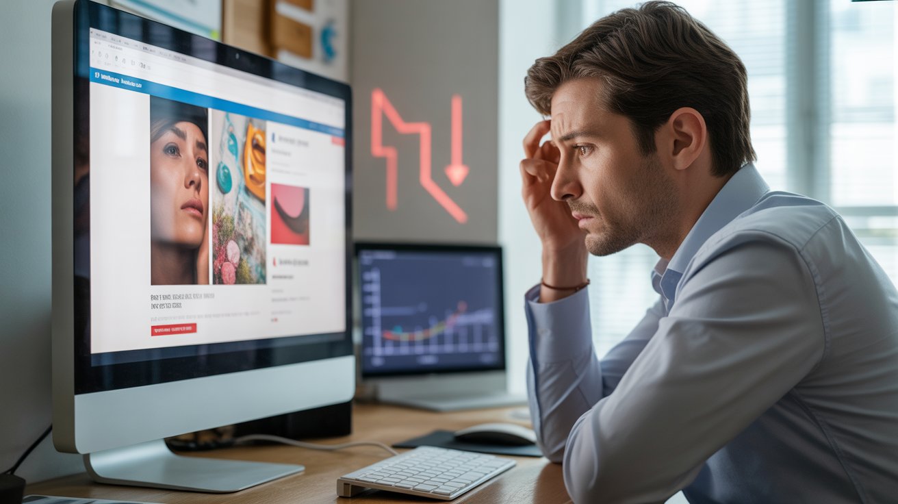 A marketer reviewing ad performance on a laptop while using AI creative optimisation tools to analyze campaign results.