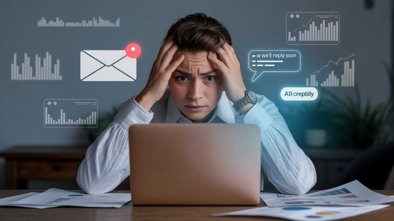 A stressed business professional at a desk with an empty inbox and fading sales charts, looking frustrated while a glowing AI chatbot interface sends instant replies, visualizing how delayed responses lose sales.