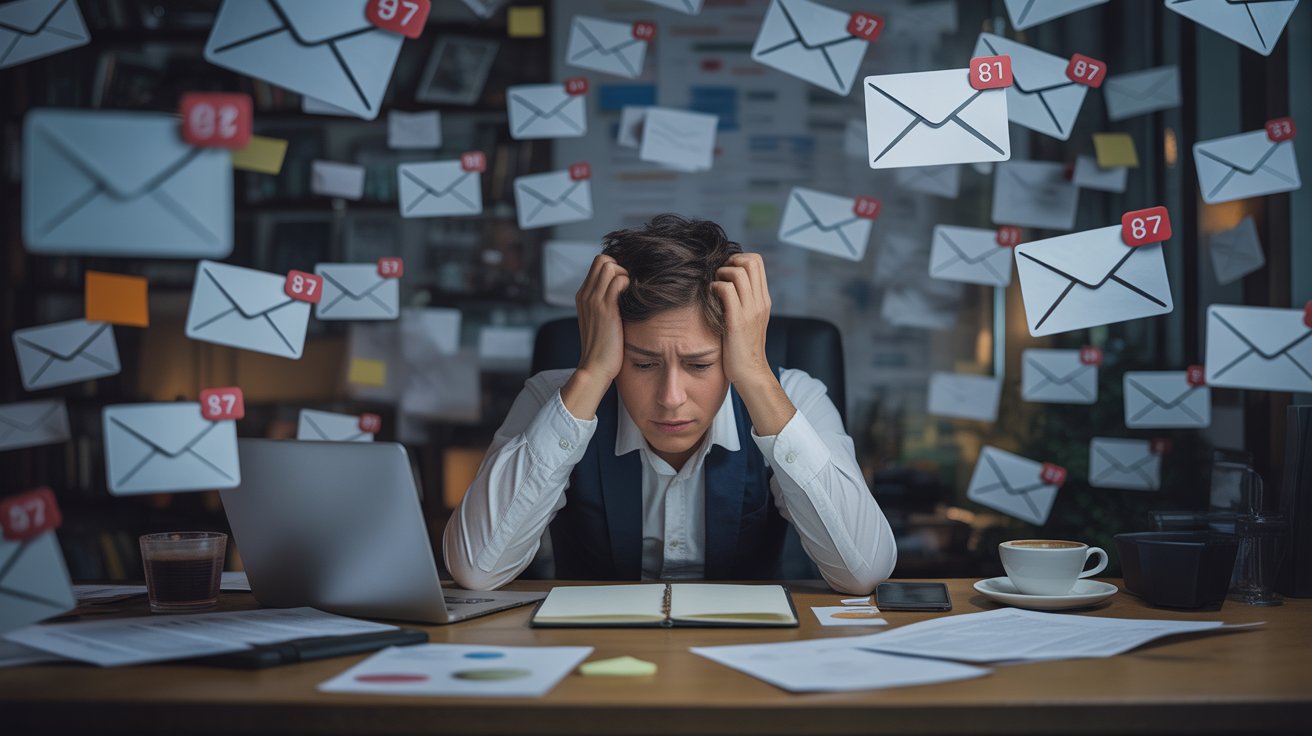 A stressed professional at a desk overwhelmed by floating emails and notifications on multiple devices, showing frustration with email overload and desire for inbox control.
