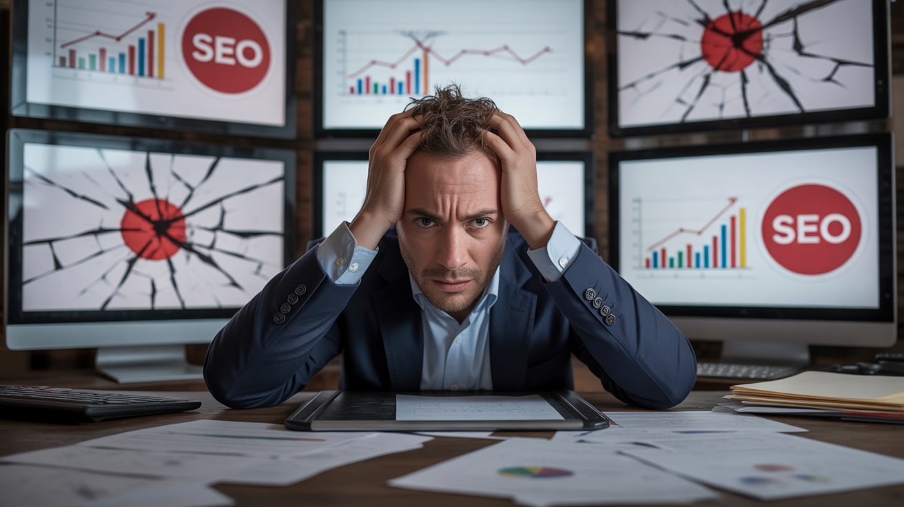 A stressed website owner at a cluttered desk with broken SEO charts, red warning signs, and shattered analytics on screens, showing frustration over traditional SEO failures.